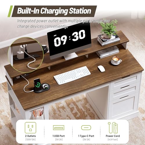 55-inch Farmhouse Executive Desk with 2 Drawers and File Cabinet, Computer Desk with 3-Tier Storage Shelves, Home Office Desk with Charging Station, Pegboard & Monitor Shelf, White and Walnut - color: White and Walnut