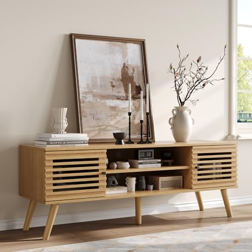 Furnify 53" Mid Century Modern TV Stand for 50/55/60 inch TV, Oak | TV Media Console with Slatted Door, Entertainment Center with Storage, TV Stand with Solid Wood Feet for Living Room Bedroom - color: Oak, size: 53" L
