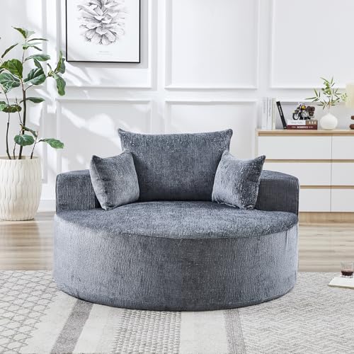 55" Oversized Round Chaise Longue Chair Indoor, Upholstered Chenille Circle Single Cloud Reading Sofa Chair Deep Seat Modern Boneless Sleeper Couch No Assembly Required, Grey - color: Grey, style: 55"Chenille