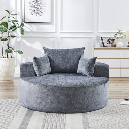 55" Oversized Round Chaise Longue Chair Indoor, Upholstered Chenille Circle Single Cloud Reading Sofa Chair Deep Seat Modern Boneless Sleeper Couch No Assembly Required, Grey - color: Grey, style: 55"Chenille