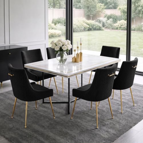 WUTUTUEE Velvet Dining Chairs Set of 6 Gold Legs,Upholstered Velvet Accent Chairs, Pleated Back Design & Gold Pull Handle, Mid Century Modern Chairs for Dining/Kitchen/Living Room,Black - color: Black, size: Set of 6