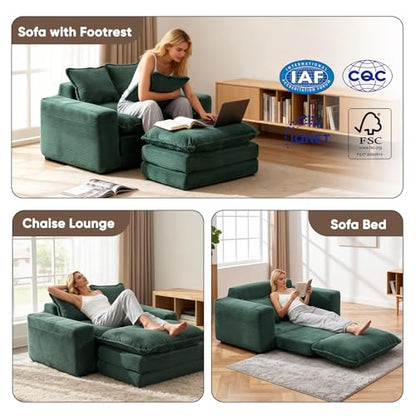 58" Sofa Bed with Ottoman, 3 in 1 Convertible Sofa Bed Folding Corduroy Boneless Sleeper Loveseat Mattress Futon Pull Out Couch Bed for Apartment Bedroom Living Room No Assembly 58-Green-L