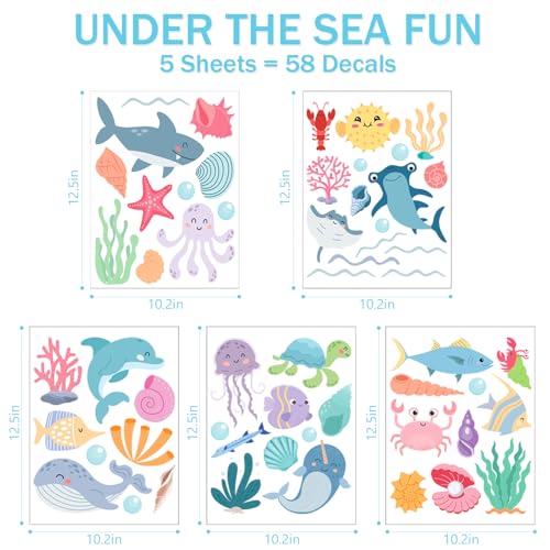 AOWDIAO 58 Pcs Ocean Animals Wall Decals - Peel and Stick Under the Sea Kids’ Room & Nursery Decor - style: Ocean Animals