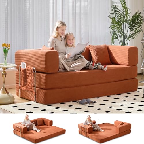 GEARIVY Folding Sofa Bed Convertable Corduroy Couch King Size Floor Sleeper 4-in-1 DIY Combination Modular Sofa Fold Out Futon Lounge Comfy Foldable Lazy cama for Living Room - color: Orange, size: 72.44 inch sofa
