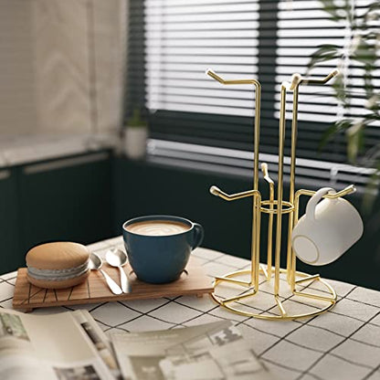 HULISEN Mug Tree for Large Cups, 6 Hook Countertop Coffee Mug Holder, Gold | Cup Rack for Counter, Stable Wide Base, Metal Stand for Kitchen Coffee Bar Display, Space-Saving, No Assembly Required - color: Gold