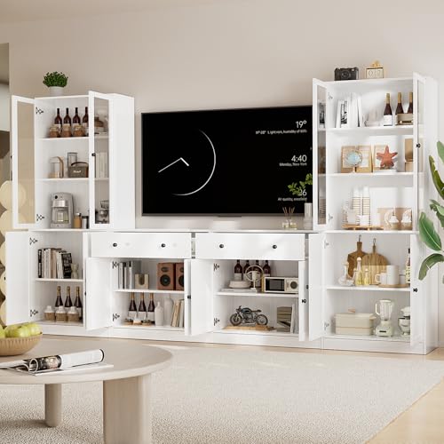 TUSY 71" TV Stand Storage Set - 2 Tall Bookcases & 2 Side Cabinets, Media Console with Glass & Wood Doors, Entertainment Center with Drawers, Tall Media Console for Living Room (White, AEEA) - color: White