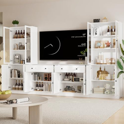 TUSY 71" TV Stand Storage Set - 2 Tall Bookcases & 2 Side Cabinets, Media Console with Glass & Wood Doors, Entertainment Center with Drawers, Tall Media Console for Living Room (White, AEEA) - color: White