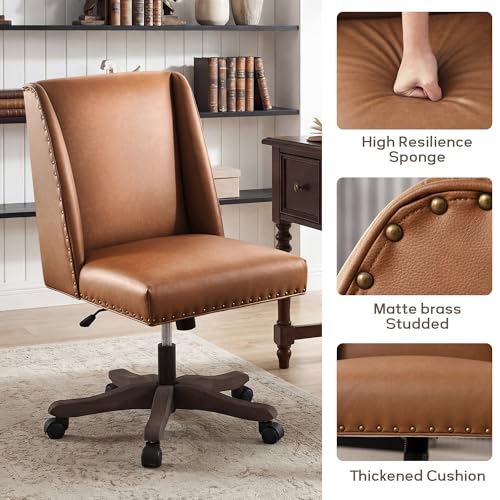 Upholstered Armless Office Chair Faux Leather Swivel Home Desk Office Chair | Modern Comfy Boho Office Chair with Wheels Adjustable Desk Chair no Arms for Sewing Women Farmhouse Study Studio PU Brown - color: Pu Brown