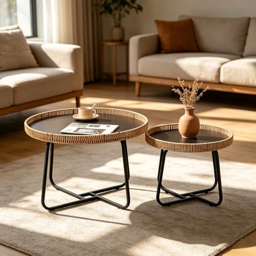 Round Woven Nesting Table, Wicker Coffee Table and Side Table Set of 2 | Metal Legs, for Living Room\ Outdoor\ Bedroom\ Office\ Balcony\ Patio, with Lip on Top