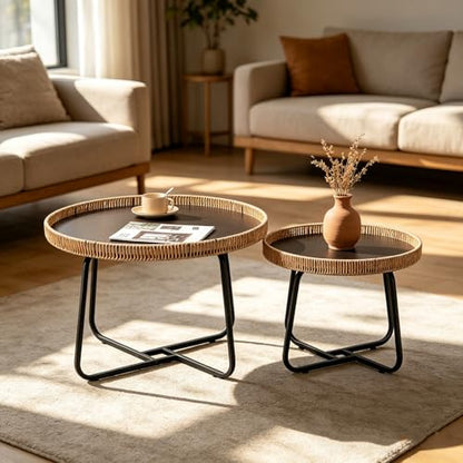 Round Woven Nesting Table, Wicker Coffee Table and Side Table Set of 2 | Metal Legs, for Living Room\ Outdoor\ Bedroom\ Office\ Balcony\ Patio, with Lip on Top