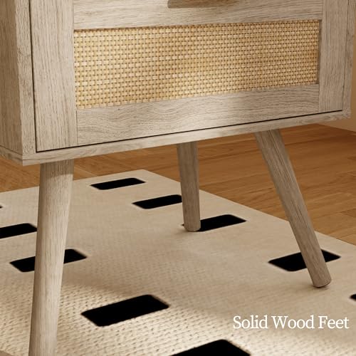 Rattan Nightstand,Farmhouse Bedside Table with 2 Storage Drawer and Open Wood Shelf, for Bedroom and Small Spaces,Night Stand with Solid Wood Legs (Grey Oak) - color: Grey Oak