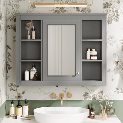 Wall Mounted Medicine Cabinet, Bathroom Storage Cabinet with Mirror Door and 6 Adjustable Open Shelf (7.3" D x 35" W x 27.5" H) (Grey) - color: Grey