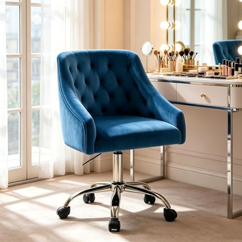 MOJAY Velvet Office Chair, Vanity Desk Chair with Wheels, Silver Base | Height Adjustable, 360° Swivel, Velvet Upholstery, Suitable for Girls, Home Office, Bedroom & Living Room - color: Blue