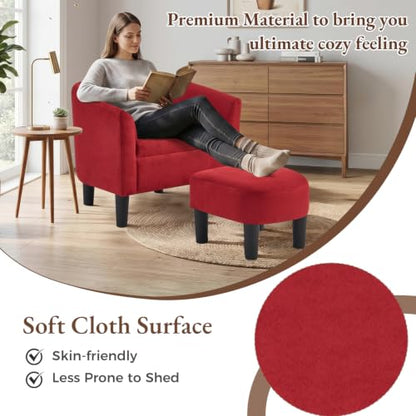Oversized Accent Chair with Ottoman, 23.2" W Oversized Club Chair with Ottoman Set, Comfy Fabric Barrel Reading Chairs for Living Room Bedroom, Round Reading Chair with Foot Rest, Red - color: Red, size: Large