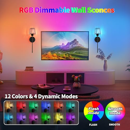 Battery Operated Crystal Wall Sconce Set of 2, Black Rechargeable Wireless Wall Sconces with Remote Dimmable 12 Colors Modes Led Wall Lights, Wall Lamp for Bedroom Living Room Hallway 2 Bulbs Included - color: Black