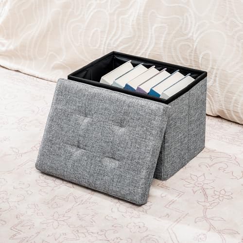 Small Storage Ottoman,Foldable Foot Stool with Reversible Tray Lid,Linen Ottoman Foot Rest Stool with Padded Seat,for Living Room Bedroom,11.6x16.3x11.4 Inches,Grey - color: Grey-linen, size: 16" Wide