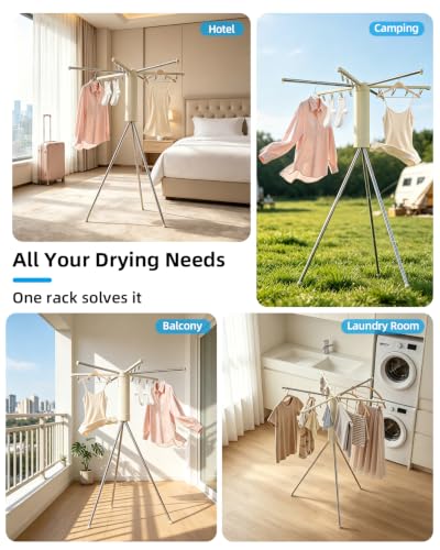 Foldable Tripod Clothes Drying Rack for Balcony, Hotel, Apartment, Bedroom | Portable Drying Rack Clothing Laundry Drying Rack for Travel, Camping with 3 Tent Pegs. Steel Frame with 12 Clips, Windproof