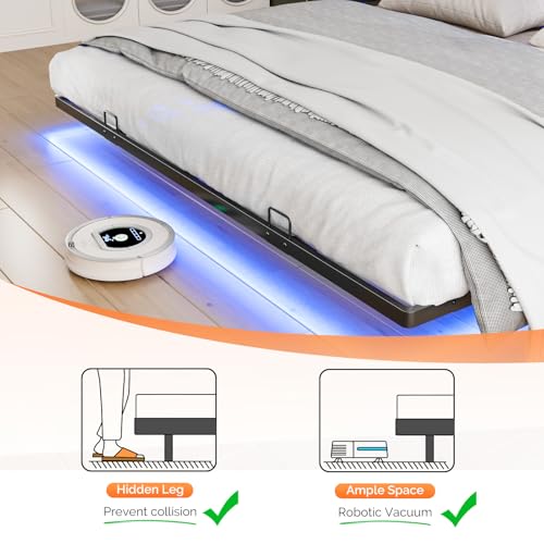 VINGLI King Size Floating Bed Frame with LED Lights and Charging Station, Cozy Hidden Storage Velvet Upholstered Headboard,No Box Spring Needed,Easy Assembly,Black - color: Industrial Brown, size: King