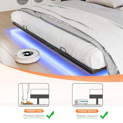 VINGLI King Size Floating Bed Frame with LED Lights and Charging Station, Cozy Hidden Storage Velvet Upholstered Headboard,No Box Spring Needed,Easy Assembly,Black - color: Industrial Brown, size: King