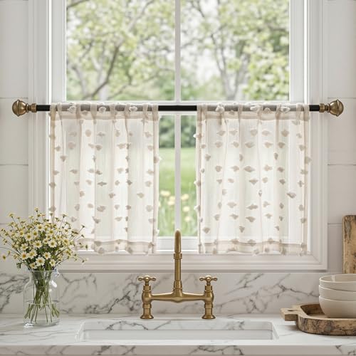 MYSKY HOME Beige Sheer Kitchen Curtains Over Sink 24 inch Length,2 Panels | Light Filtering Semi Sheer with Pom Pom,Short Tier Half Curtains for Cafe Small Window Decor, Rod Pocket,26Wx24L - color: 1-wood Beige, size: 26"W x 24"L (Pack of 2)