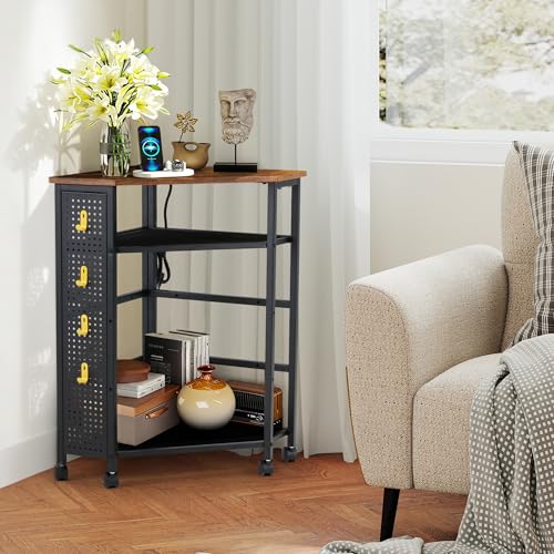Corner Table with Charging Station, 3-Tier Corner Shelf Stand with Metal DIY Panel, Rolling Storage Table on Detachable Wheels for Kitchen, Living Room, Small Space, Rustic Brown