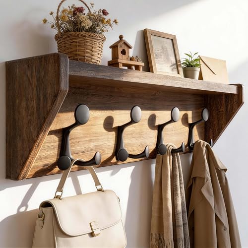 SKOLOO Wall Shelf with Hooks, 24-Inch, Weathered Brown | Coat Rack Wall Mount with Shelf, Heavy Duty, 4 Tri Hooks, Perfect for Entryway, Hallway, Living Room, Bedroom, Mudroom - color: Weathered Brown, size: 24 inch with 4 hooks