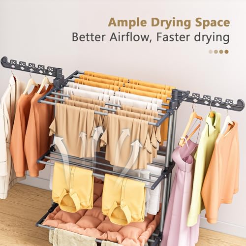 Upgraded 4-Tier Clothes Drying Rack, Drying Rack Clothing with Wheels | Large Foldable Laundry Drying Rack, Clothes Rack with Side Hooks for Indoor Outdoor Air Drying, 19.68"D x 29.9"W x 67.7"H - size: 19.68"D x 29.92"W x 67.70"H