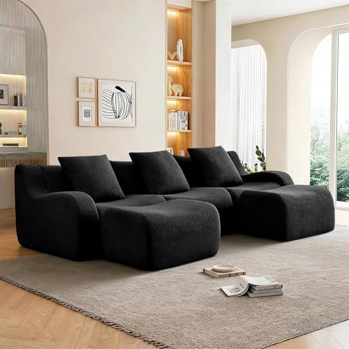 113.5” Sectional Boneless Sofa Couches, 3 Seater U-Shaped, Streamlined Design, No Assembly Modular Teddy Fabric Sofa for Living Room, Bedroom, Apartment, Home Office (Black) - color: Black02, size: 3Seat+2Ottoman