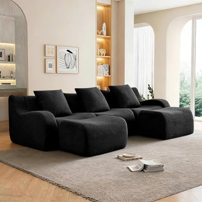 113.5” Sectional Boneless Sofa Couches, 3 Seater U-Shaped, Streamlined Design, No Assembly Modular Teddy Fabric Sofa for Living Room, Bedroom, Apartment, Home Office (Black) - color: Black02, size: 3Seat+2Ottoman
