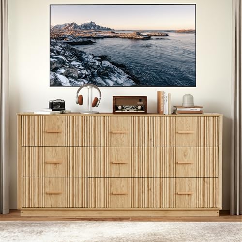 Fluted 9 Drawer Dresser,59"Wide Modern Chest of Drawers with Sturdy Base,Wood Closet Organizers,TV Stand,Storage Dresser with 9 Deep Drawers for Bedroom Living Room Hallway Entryway Nursery(Natural) - color: 9 Drawer Dresser Natural