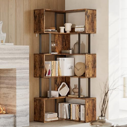 Garvee Corner Bookshelf, 62.6" Tall Metal Wooden Bookcase, Modern Freestanding Corner Shelf with Baffle, 5-Tier L-Shaped Display Rack Storage Organizer for Home Office, Living Room | Modern Freestanding Corner Shelf with Baffle, 5-Tier L-Shaped Display Ra