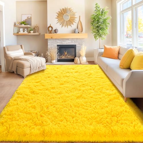 Area Rugs for Living Room Bedroom 8x10, Yellow Ultra Fluffy Shag Rug | Modern Soft Shaggy Rug Carpet Upgrade Non Slip Indoor Plush Rug for Bedroom Boy Girls Room Dorm Office Home Aesthetic Decor - color: Yellow, size: 8' x 10' (Rectangular)