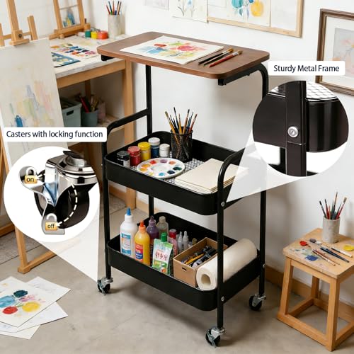3-Tier Metal Rolling Utility Cart with Walnut-Textured Top on Wheels Craft Cart and Side Table for Bedside, Kitchen, Office, Bathroom & Craft Room