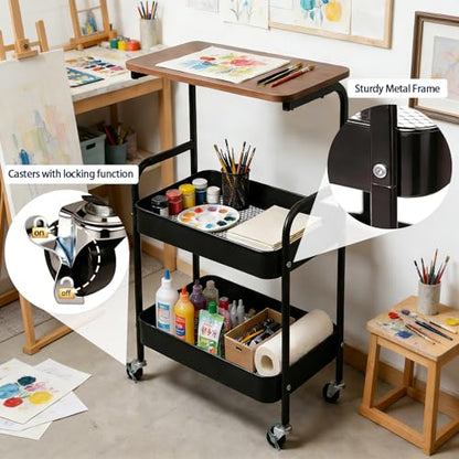 3-Tier Metal Rolling Utility Cart with Walnut-Textured Top on Wheels Craft Cart and Side Table for Bedside, Kitchen, Office, Bathroom & Craft Room