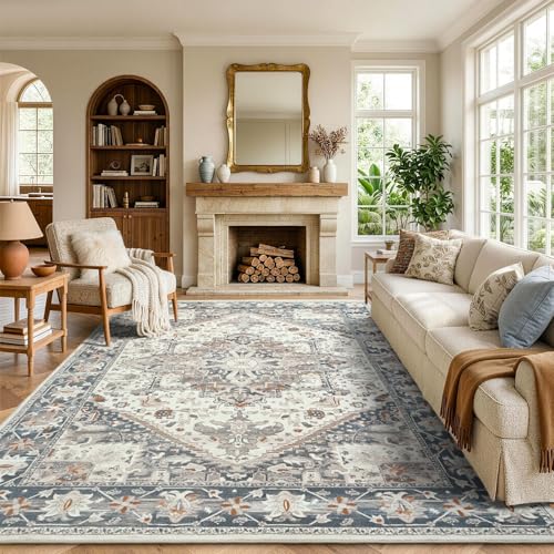 8x10 Area Rugs for Living Room Bedroom Vintage Washable Rug Beige and Blue | Soft Low-Pile Stain Resistant Large Indoor Carpet With Non Slip Backing for Dining Room Nursery,Thin,Foldable,Home Decor - color: 24f01-beige and Blue, size: 8' x 10' (Rectangula