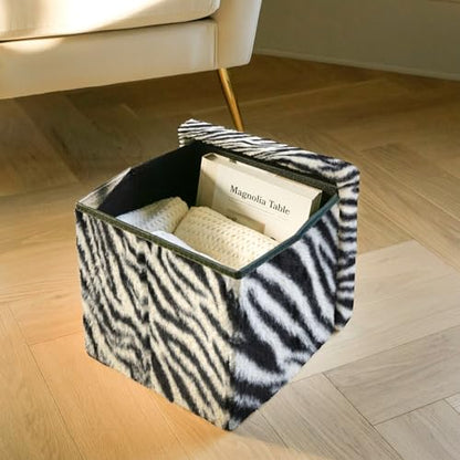 Luxe Faux Fur Storage Ottoman, Zebra Black/White, 12 x 12 x 12 in | Engineered Wood, Tool-Free Assembly, Modern Style, Seat And Footrest - color: Zebra Black/White, size: 12"D x 12"W x 12"H