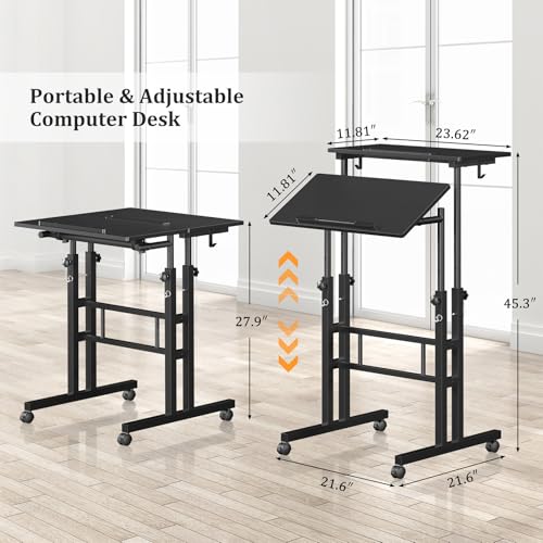 Enayplon Small Standing Desk with Wheels, Mobile Stand Up Desk, Portable Standing Table on Wheels for Walking Pad, Rolling Computer Desk Adjustable Height, Tall Table - color: Black