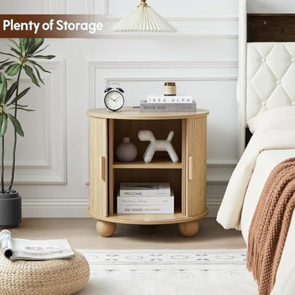 Fluted Round End Table with Charging Station, 24" Side Table,Natural | Large Farmhouse Sofa Side Table Living Room, Mid-Century Wood Nightstand with Sliding Tambour Door & Storage, Round End Table - color: Natural