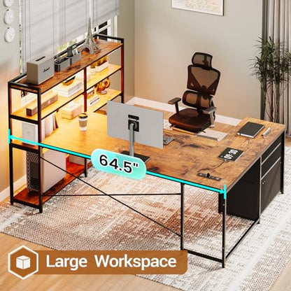 SEDETA 64.5" Reversible L Shaped Office Desk with Storage Drawers, Shelves | U Shaped Gaming Desk with 3 Fabric Drawers, Power Outlet & LED Strip, Bookshelf for Home Office, Rustic Brown - color: Rustic Brown