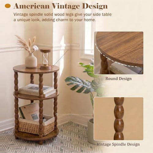 Round Side Table with 3-Tier Shelves, Small End Table with Solid Wood Legs for Living Room Bedroom, Modern Circular Coffee Table Nightstand for Small Spaces, Easy No-Tool Assembly - size: Round(13.2''x13.2''x22.8'')