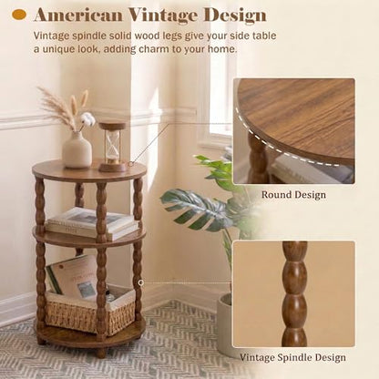 Round Side Table with 3-Tier Shelves, Small End Table with Solid Wood Legs for Living Room Bedroom, Modern Circular Coffee Table Nightstand for Small Spaces, Easy No-Tool Assembly - size: Round(13.2''x13.2''x22.8'')