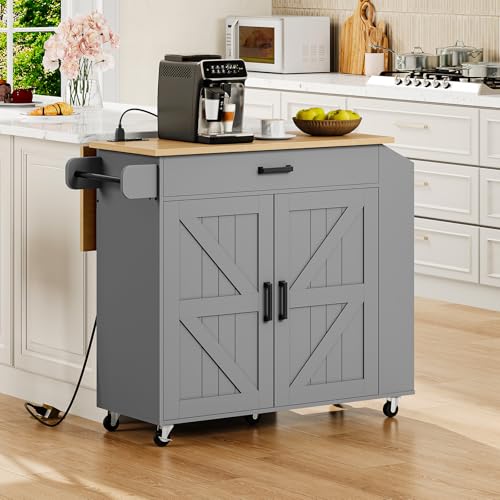 HOOBRO Kitchen Island with Drop Leaf Countertop & Power Outlet, Rolling Island Cart on Wheels, Kitchen Cart with Drawer & Spice Rack, Mobile Island Table for Kitchen, Natural and Grey GN86UZD01 - color: Natural + Grey