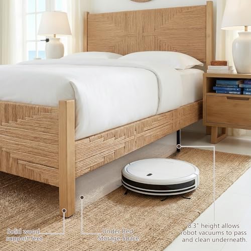Brafab King Size Rattan Bed Frame, Boho Bed Frame with Hand Woven Wicker Headboard & Footboard, Mid-Century Solid Wood Posts and Feet, Metal Slat, No Box Spring Needed, Natural Oak - size: King (U.S. Standard)