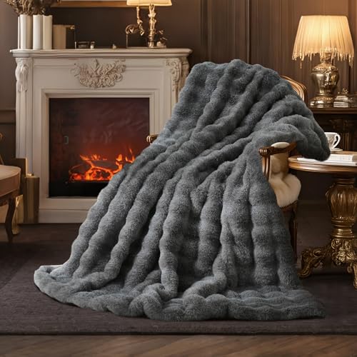 Faux Fur Throw Blanket for Couch, Ultra Soft Fuzzy Plush Bubble Throw for Sofa, Living Room & Home Decor, 50"x60", Cationic Wolf Gray - color: Heather Grey, size: 50" x 60"