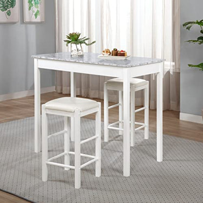 Linon White 3 Piece Faux Marble Tavern Set - color: White
