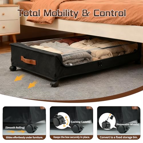 Under Bed Storage with Wheels, Black, 35L Large Capacity | Clear Lid & Label, Rolling Metal Drawer, For Clothes, Shoes, Toys, Books, Blankets