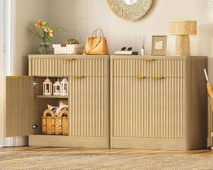 31.5" W Storage Cabinet with Drawer and Adjustable Shelf, Coffee Bar Cabinet, Fluted Sideboard Buffet Cabinet with 2 Doors for Living Room, Kitchen, Entryway, Natural - color: Natural-1 Drawer