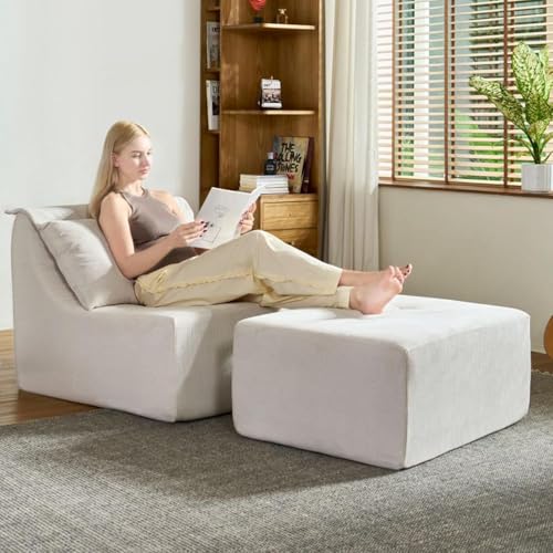 61 Inch Chaise Lounge Chair Indoor with Ottoman, Corduroy Upholstered Boneless Chaise with Back Pillow, Modern Deep Seat Sleeper Chair for Living Room Bedroom, No Assembly - color: Beige, size: Oversized
