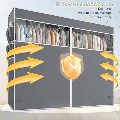Raybee Clothes Rack with Cover, Heavy Duty, 1150lbs Capacity, Adjustable | 76" W Freestanding, Zipper Dust Cover, 5 Rods & 6 Shelves, Tool-Free Assembly, Space-Saving for Closet, Bedroom, Black - color: Black, style: Clothing Rack with Cover