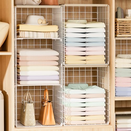 6 Tier Taller Closet Organizers and Storage, Stackable Closet Shelf Organizer with 2 Dividers for Clothes Towels Toys, Rv, Double Storage Design, Clothing Storage Basket for Wardrobe, White ﻿ - color: White, size: 5Pack-12.2"L x 12"W x 15.74"H